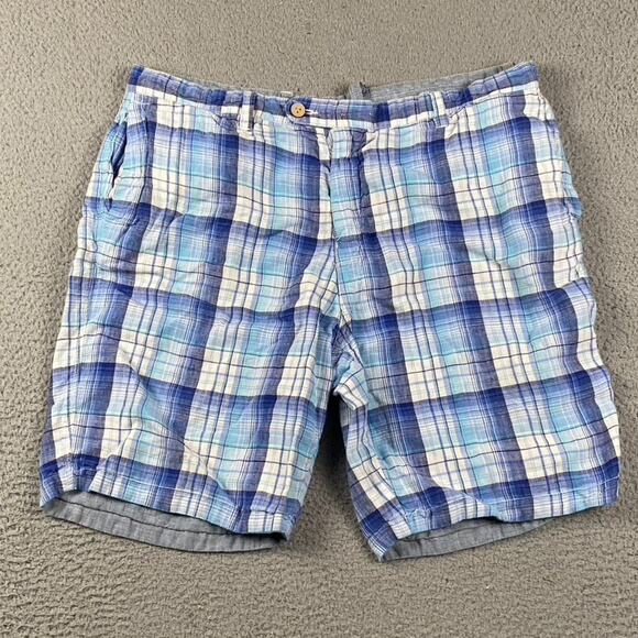 Tommy Bahama Chino Shorts Men's 40 100% Linen Blue Plaid Summer Resort Preppy - Picture 1 of 11